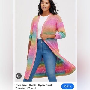 Torrid Duster Open Front Sweater Rainbow Stripe size 5 LIKE NEW